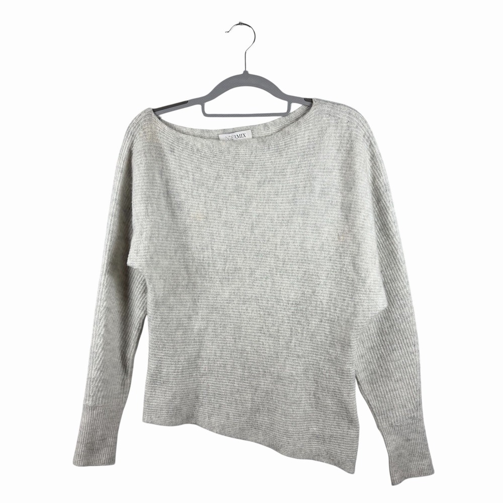 Intermix Wool Blend‎ Ribbed Sweater Boatneck Asymmetrical Sz P Light Gray